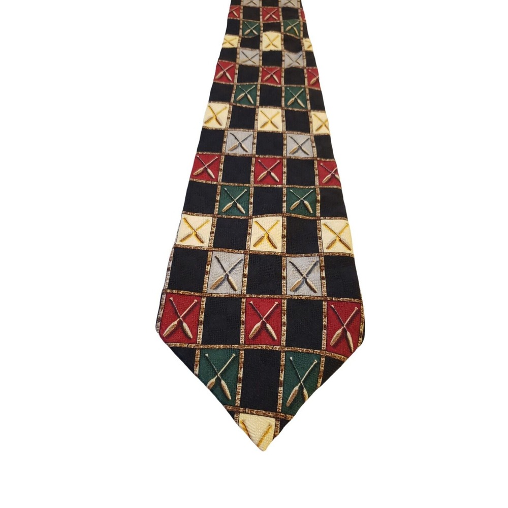 Field & Stream Men's Novelty Silk Neck‎ Tie Black Made IN USA Checker With Oars
